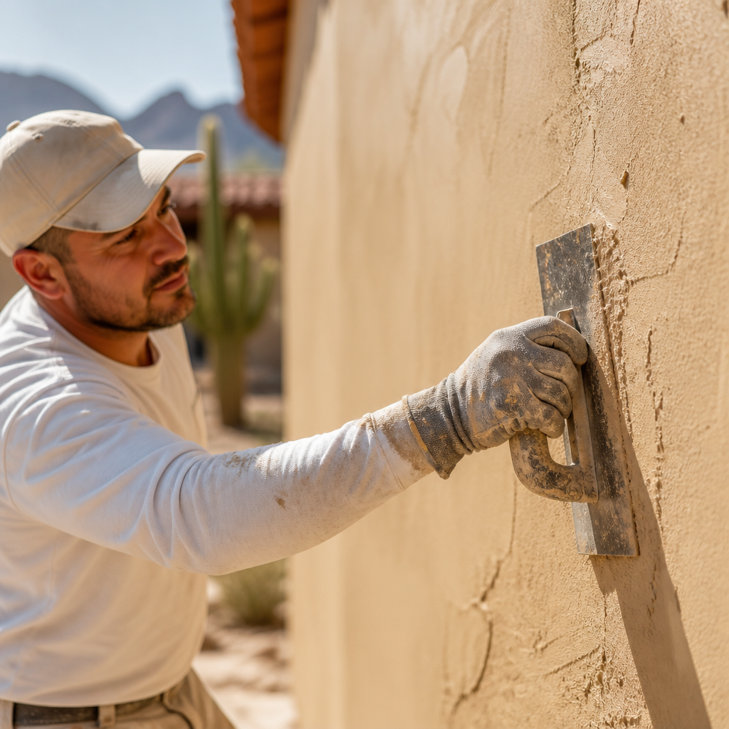 Professional applying a smooth stucco finish to an exterior wall
