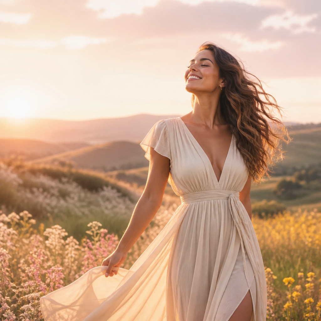 Joyful woman standing in a meadow in warm sunlight, expressing freedom and confidence