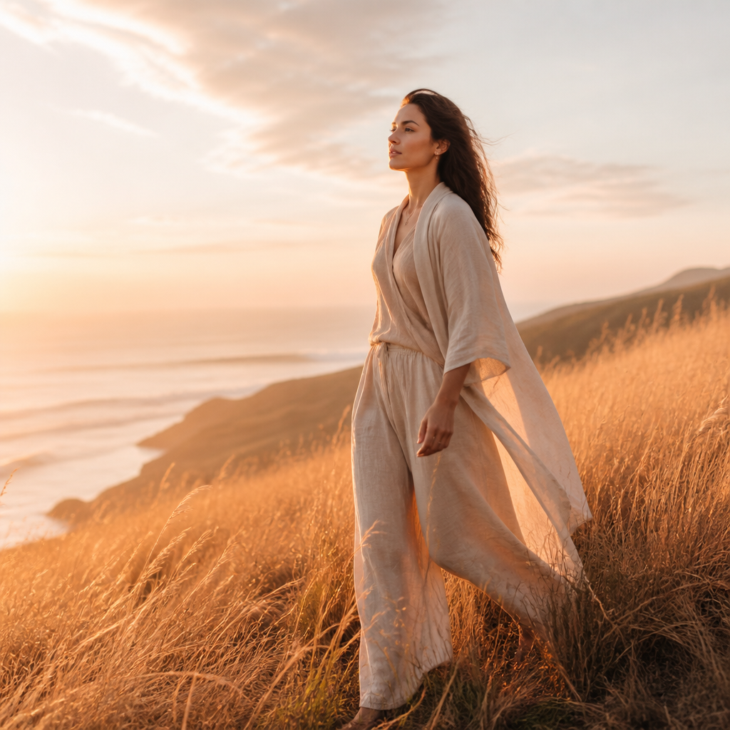 Woman walking through a calm natural landscape at golden hour