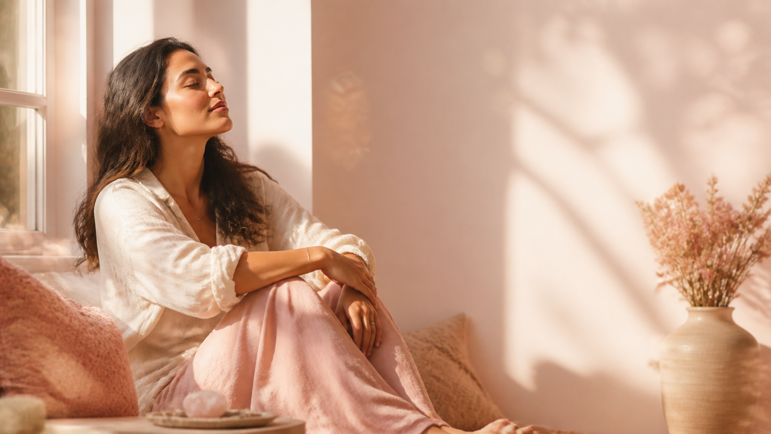 Woman resting peacefully in warm morning light, representing a return to self