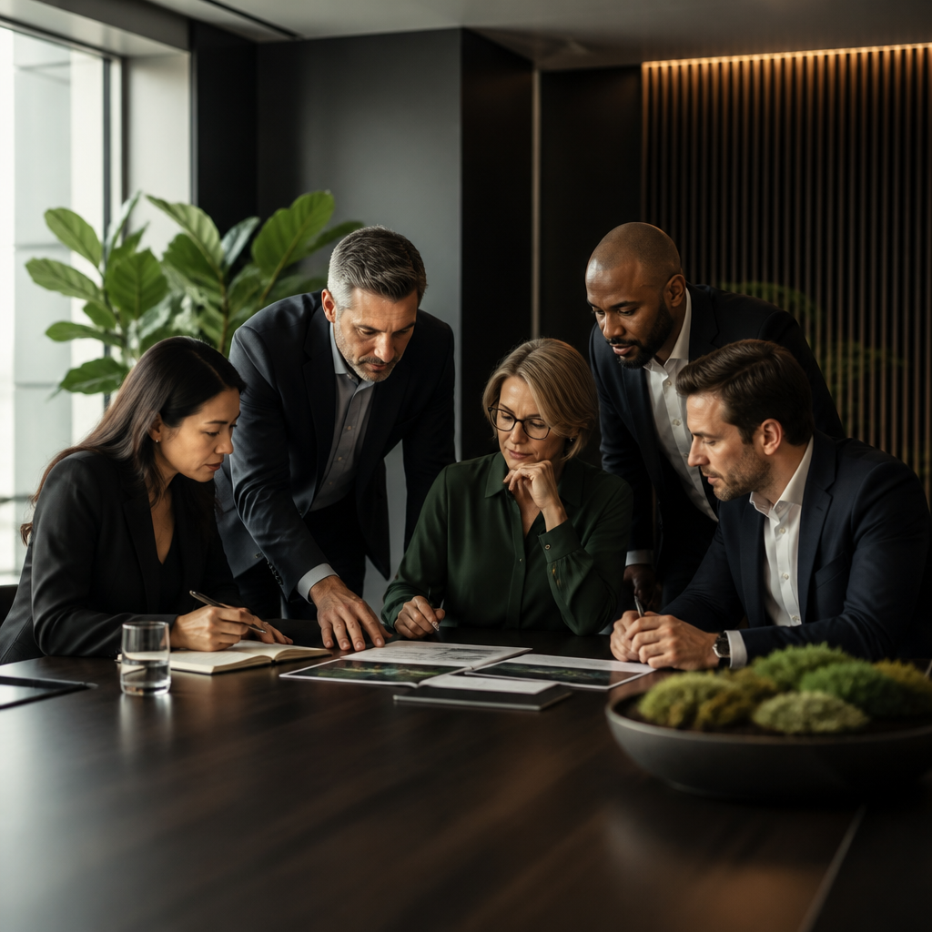 Senior advisors collaborating around a table in a contemporary workspace
