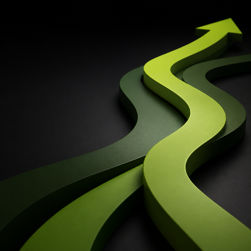Abstract sculptural green pathways converging in a dark premium setting