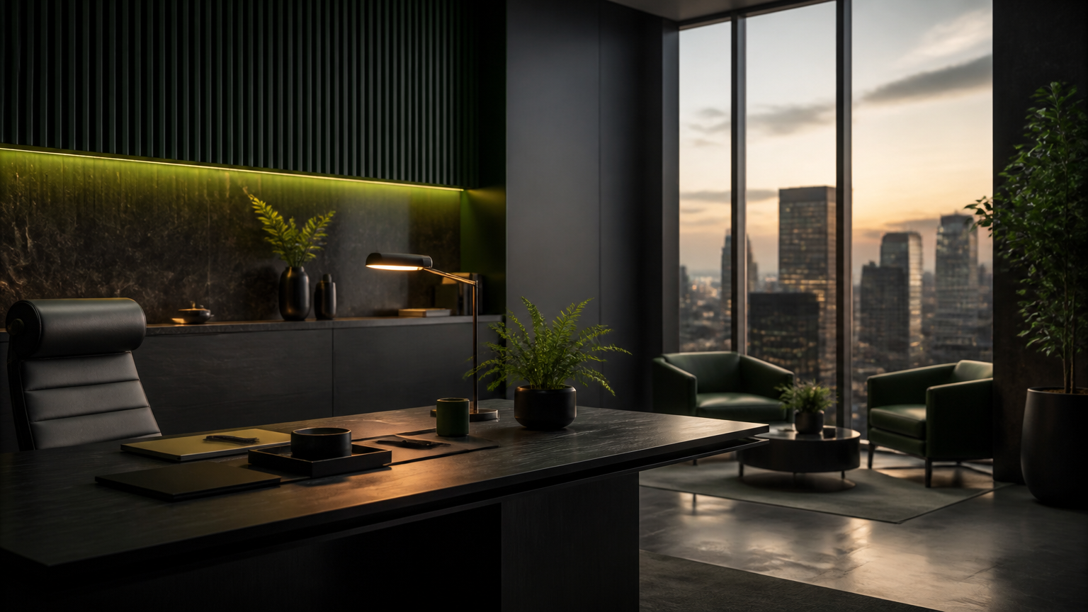 A sophisticated modern office interior with green light and an optimistic forward-looking atmosphere