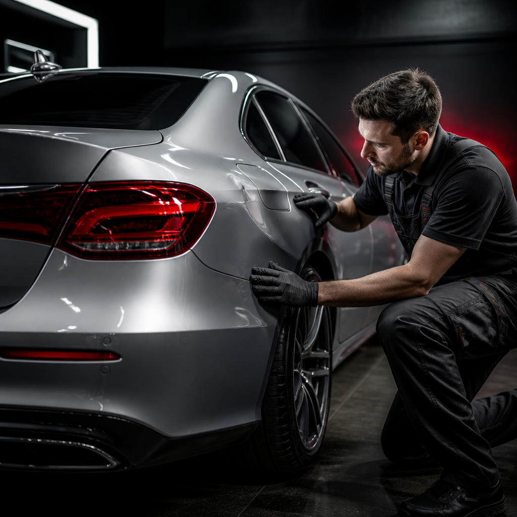Automotive technician inspecting precise body repair work on a silver vehicle