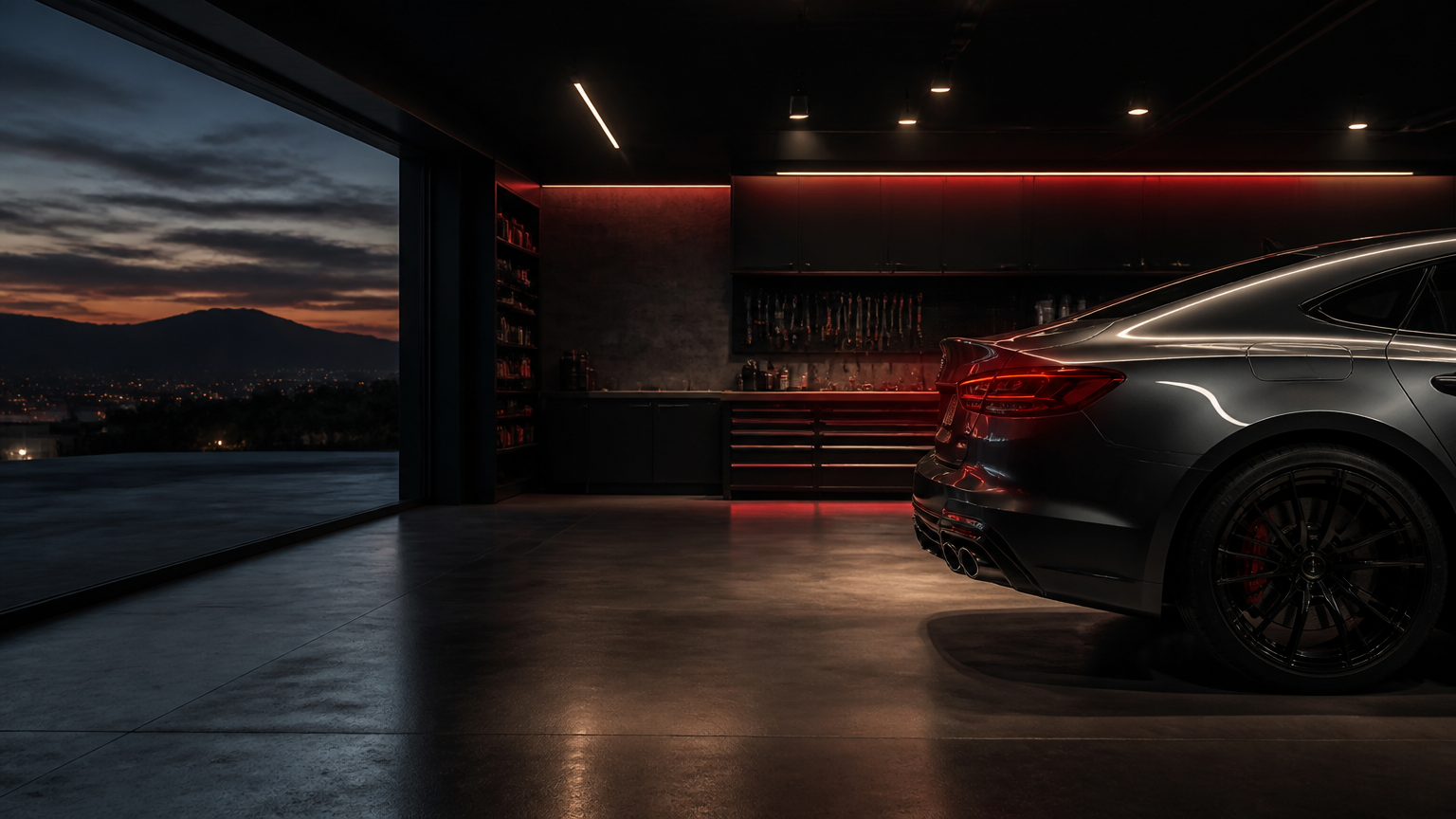 Premium automotive workshop with a finished vehicle ready for collection