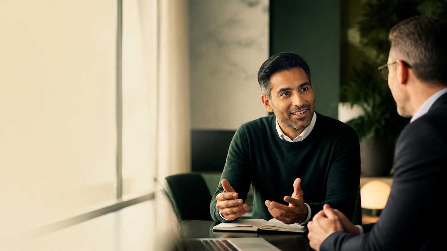 Business professional in a relaxed English learning conversation