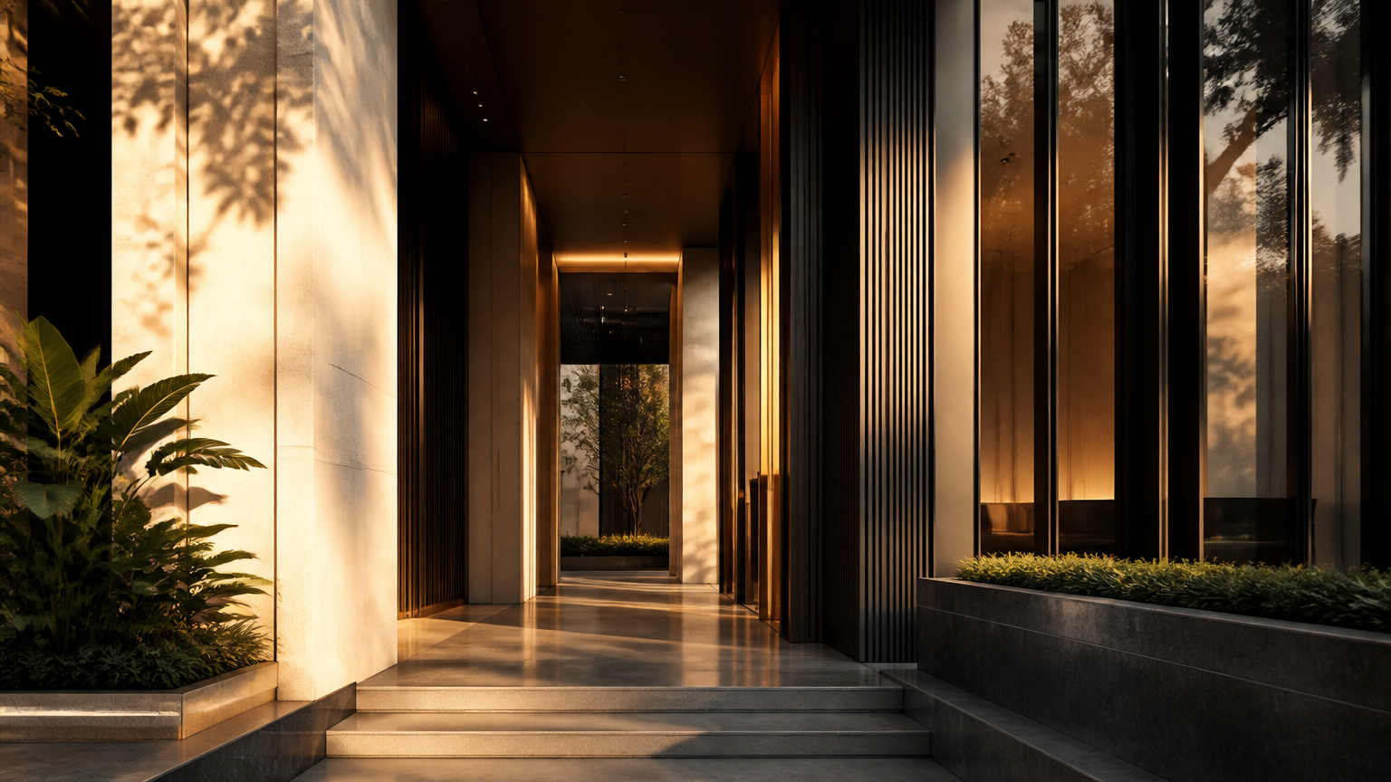 Elegant contemporary Philippine office architecture in warm afternoon light