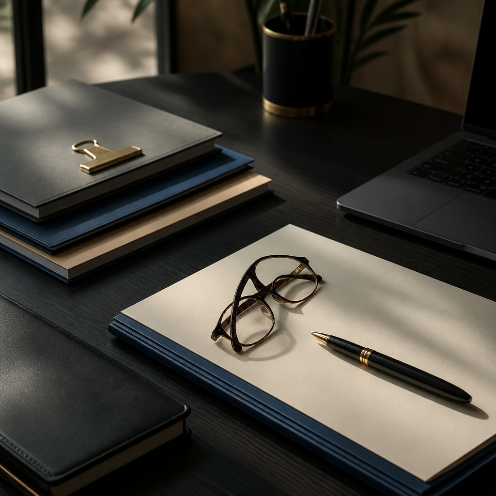 Refined legal workspace with documents prepared for a client matter
