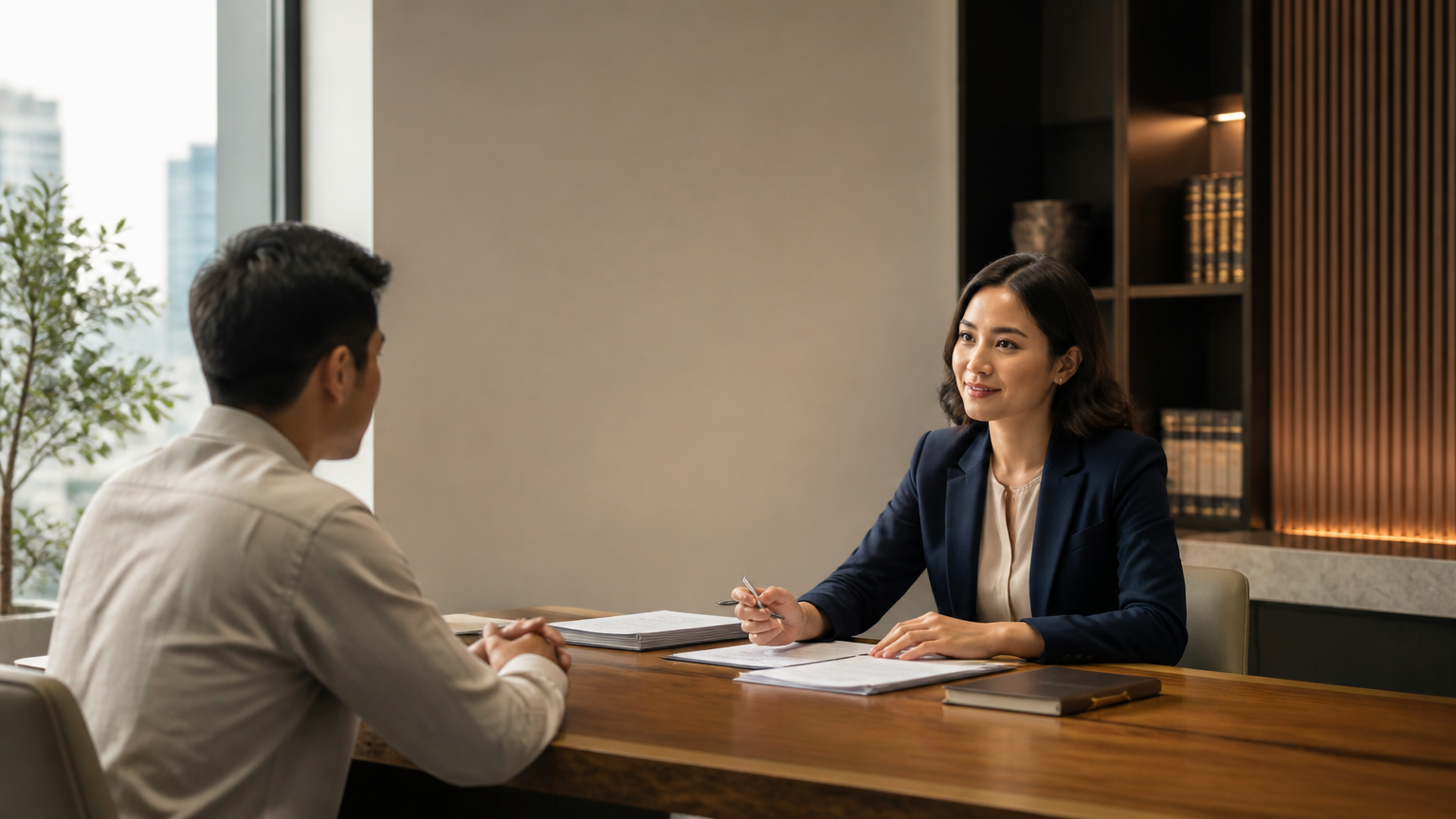 Filipino lawyer consulting with a client in a refined modern office