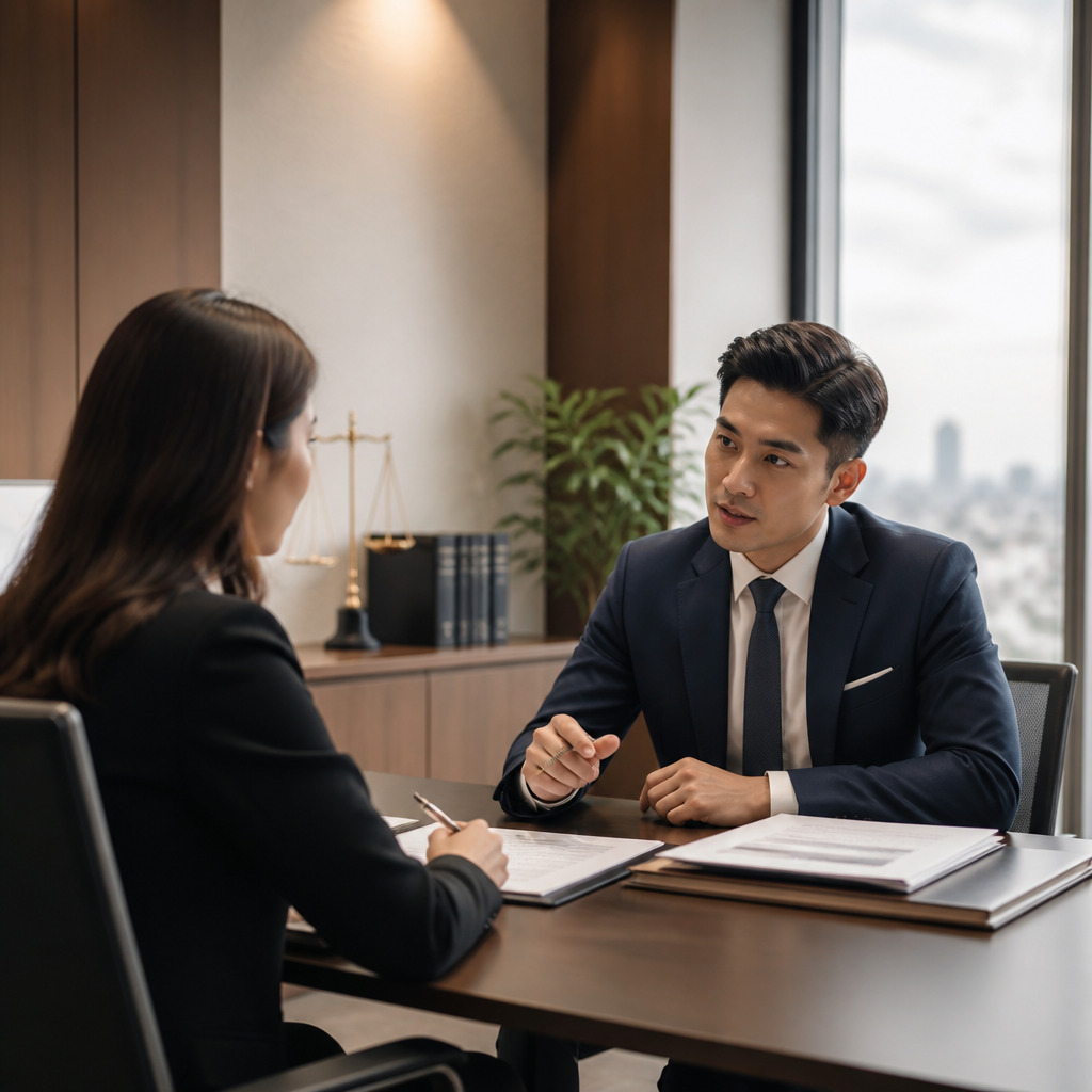 Legal professionals discussing a client strategy in a calm meeting setting